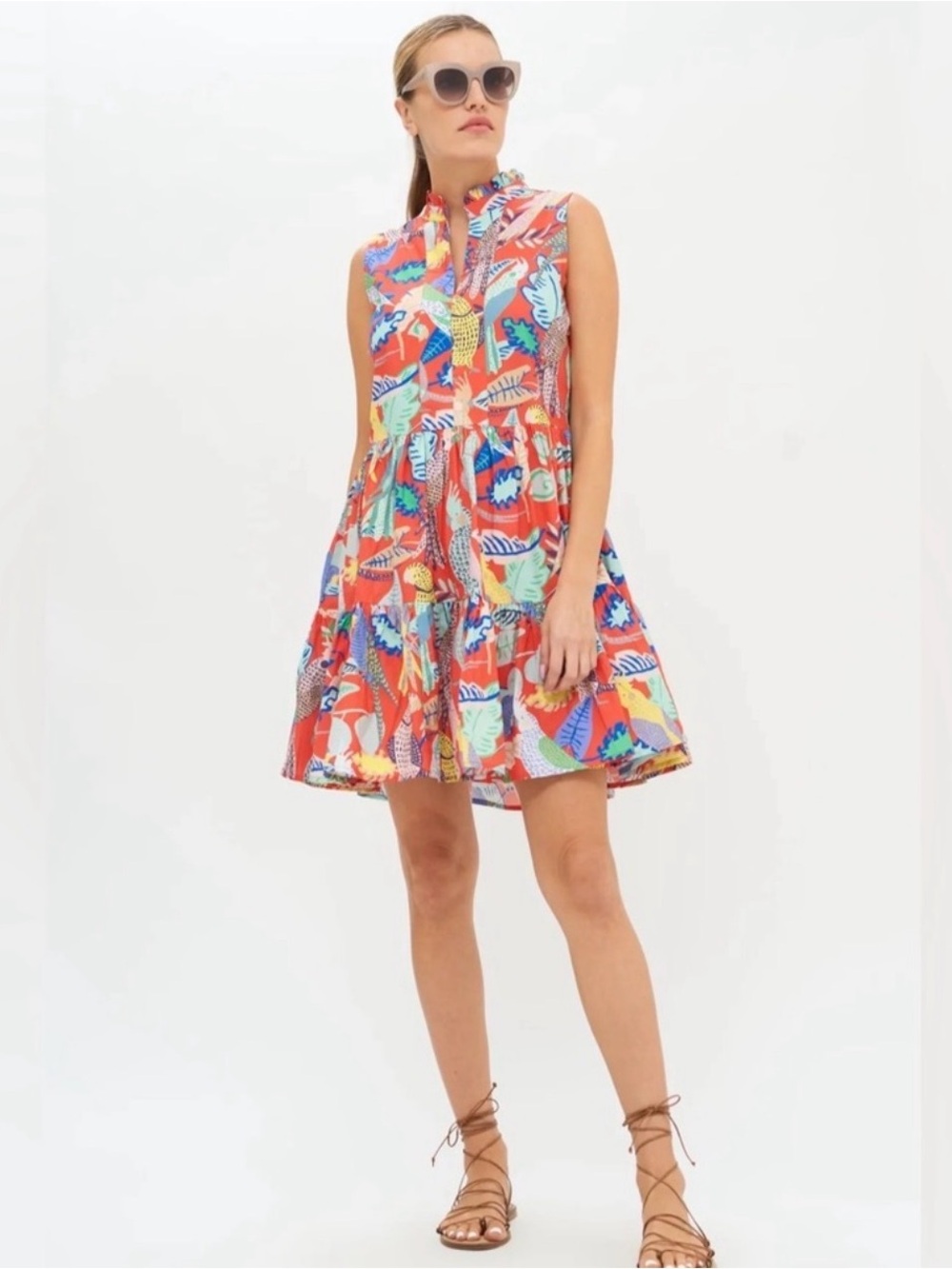 OLIPHANT Ruffle Collar Parrots Tropical Print Short Dress Size Medium